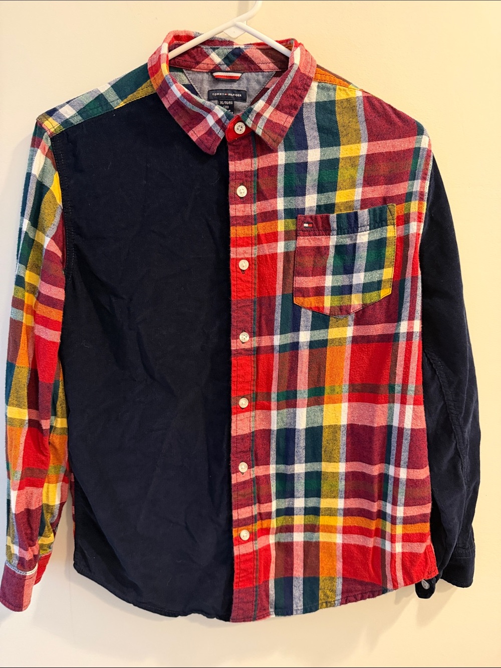 Tommy Hilfiger Red, Navy & Multicolor Plaid Half‑Block Button Down Shirt